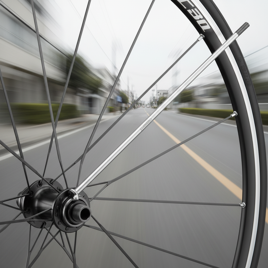 SHIMANO Speiche WH-RS31 VR am Vorderrad, in Bewegung auf der Straße.