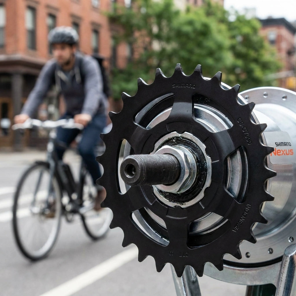SHIMANO NEXUS 30Z Ritzel CS-C7000 für Nabenschaltungen, Detailansicht mit Radfahrer im Hintergrund.