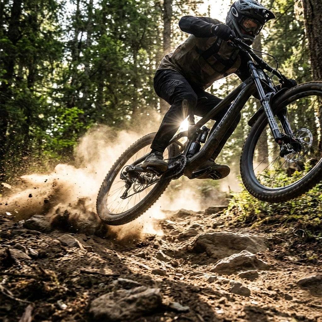 Rockshox Vivid Ultimate Dämpfer am Mountainbike in Aktion auf staubigem Trail.