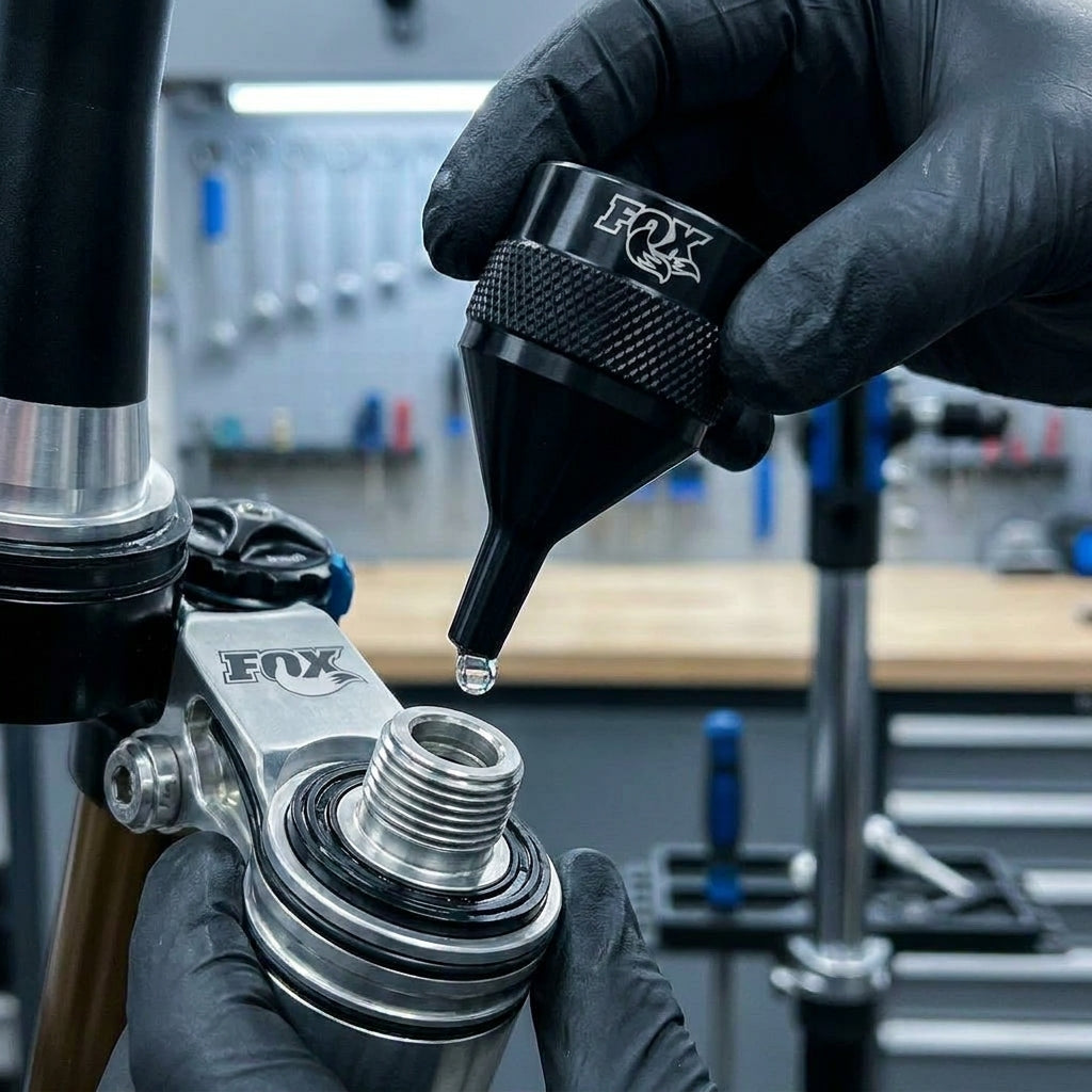 FOX Tooling Funnel Tool Shapeshifter Ölventil Kappe TO. Präzises Service-Werkzeug für saubere Fahrwerkswartung und Ölfüllung. Fahrradteile.