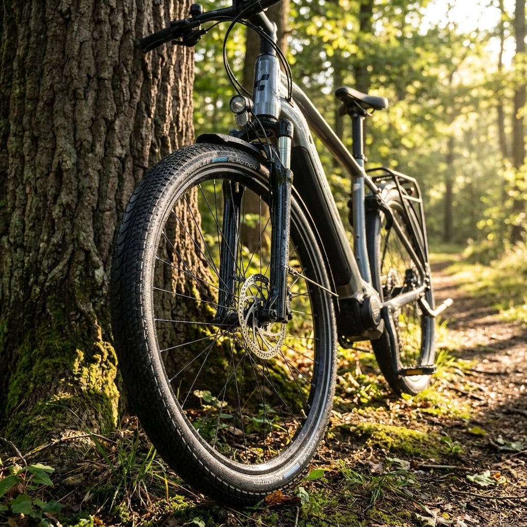 Schwalbe Marathon Almotion Faltreifen 28x2.00 auf E-Bike im Wald. Ideal für Touren auf Waldwegen.