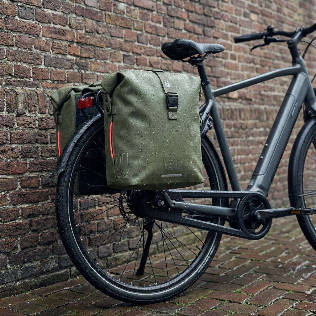 Moosgrüne Basil SoHo Nordlicht Doppelpacktasche am E-Bike, wasserdicht mit roten Lichtern, an Ziegelwand geparkt.