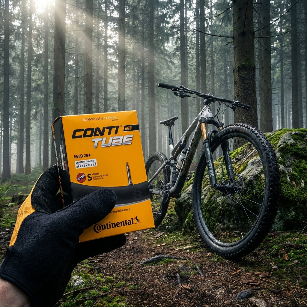 Continental MTB 29+ Schlauch (65-70/622, 42mm Sclaverand-Ventil) pannensicher, vor Mountainbike im Wald.