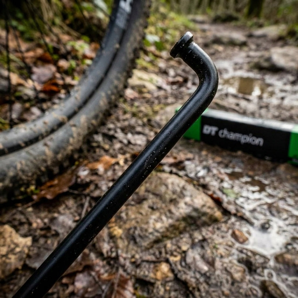Robuste schwarze DT Swiss Champion Speiche auf schlammigem MTB-Pfad neben Fahrradreifen und DT Swiss Verpackung.