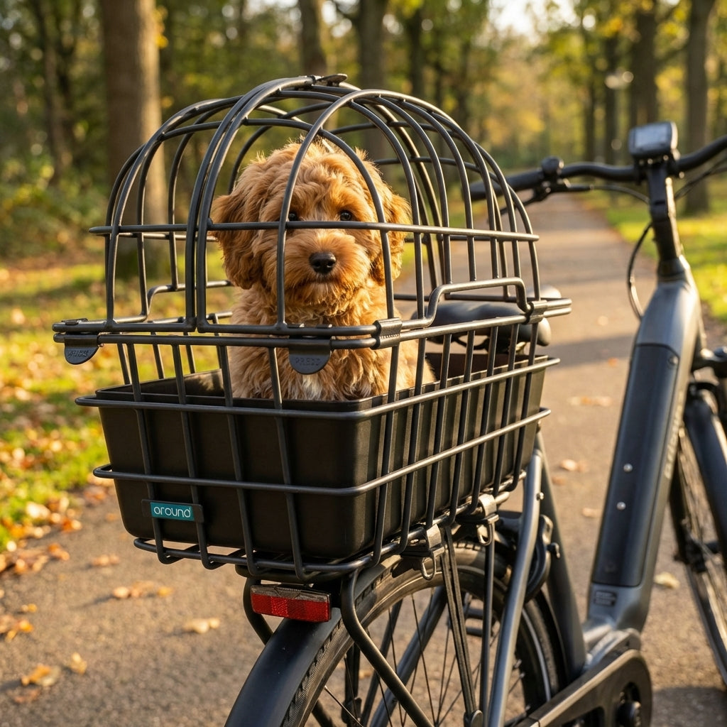 Mijnen Pieper Luna schwarzer Hinterrad-Tierfahrradkorb mit braunem Welpen auf Fahrrad im Herbstpark.
