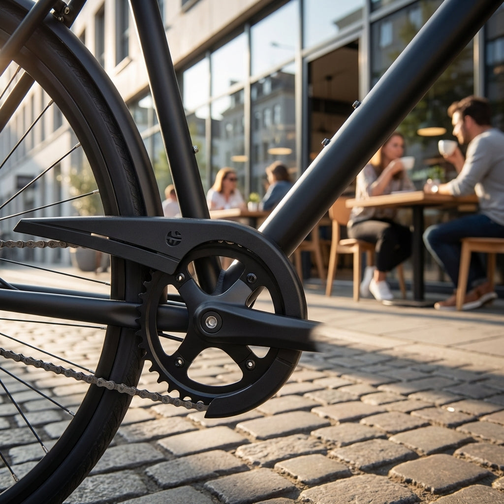 Hebie Kettenschutz 3-fach schwarz für 48 Zähne aus Kunststoff an einem Fahrrad montiert vor einem Straßencafé.