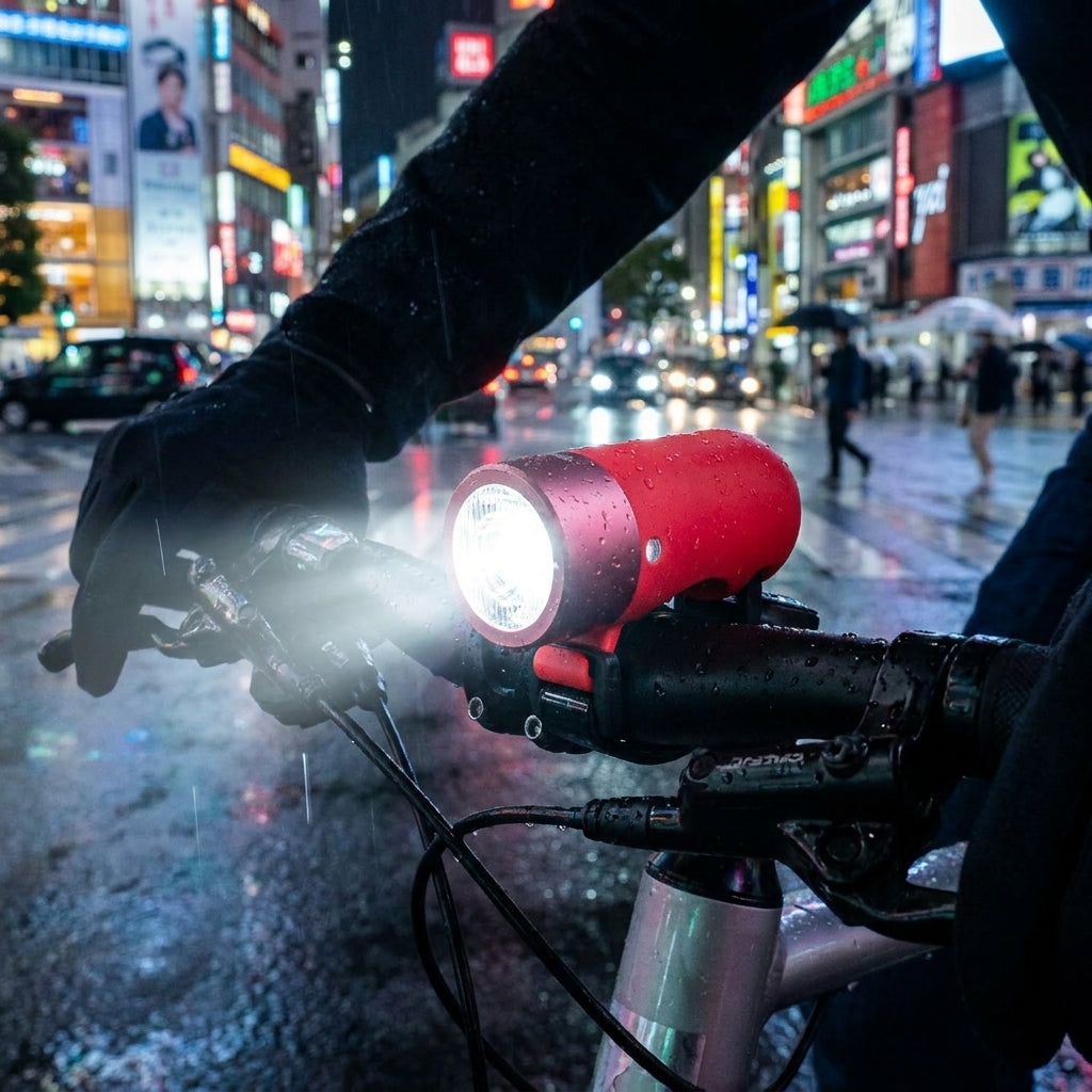 Knog Fahrradlampe Plug StVZO rot mit weißer LED am Fahrradlenker in regnerischer Stadt.