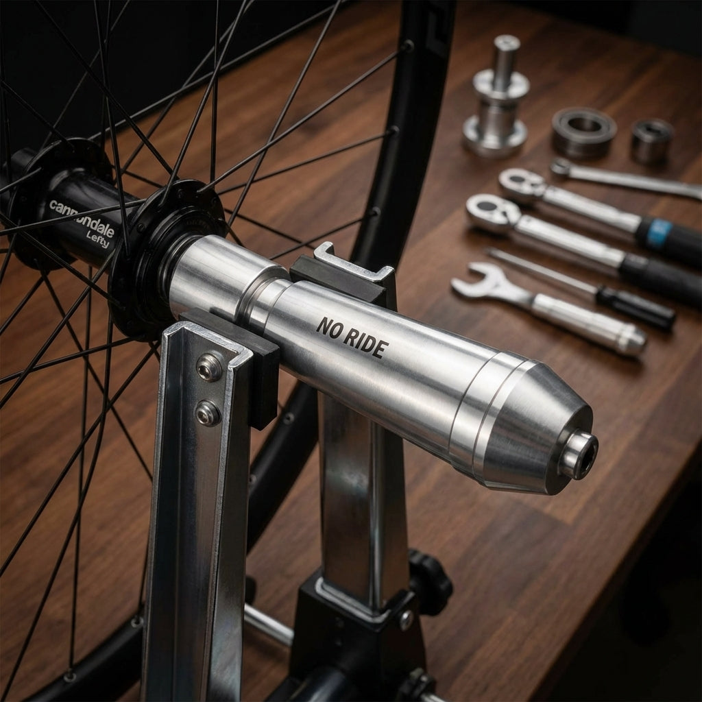 DT SWISS Zentrieradapter für Cannondale Lefty Vorderrad in Zentrierständer, mit Werkzeug im Hintergrund.