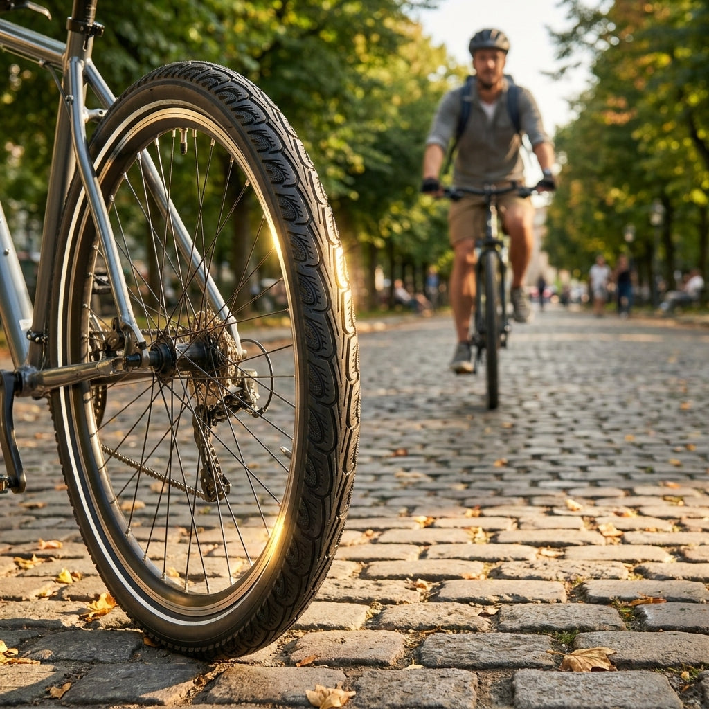 Mitas Hook V 69 Reifen 28x1.60 mit Reflexstreifen und Pannenschutz an Fahrrad auf Kopfsteinpflasterweg.