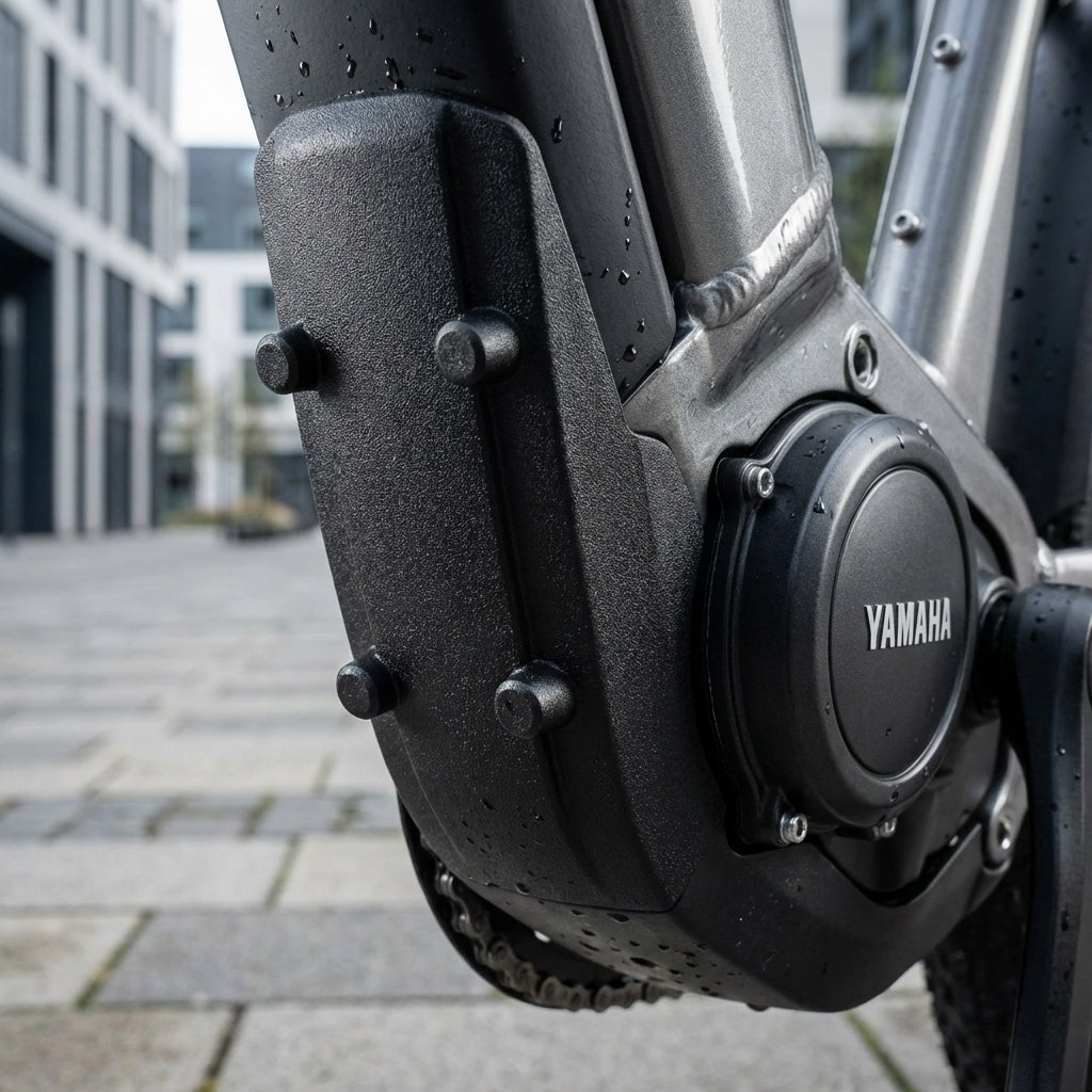 Yamaha Abdeckung Rahmenschloss für Mittelmotorsystem X942+X943 2015 am E-Bike, schwarz, mit Wassertropfen.