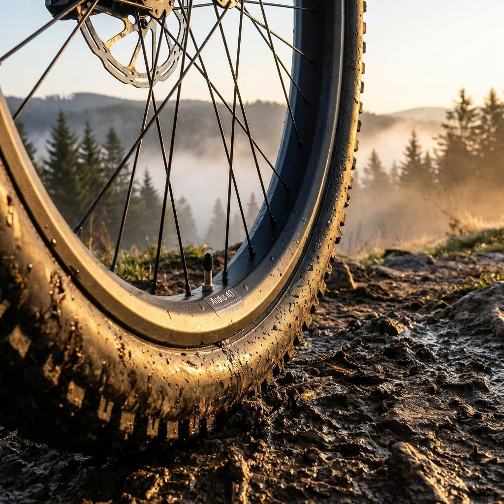 Ryde ANDRA 40 Felge schwarz am Mountainbike auf schlammigem Offroad-Trail mit Nebelwald im Hintergrund.
