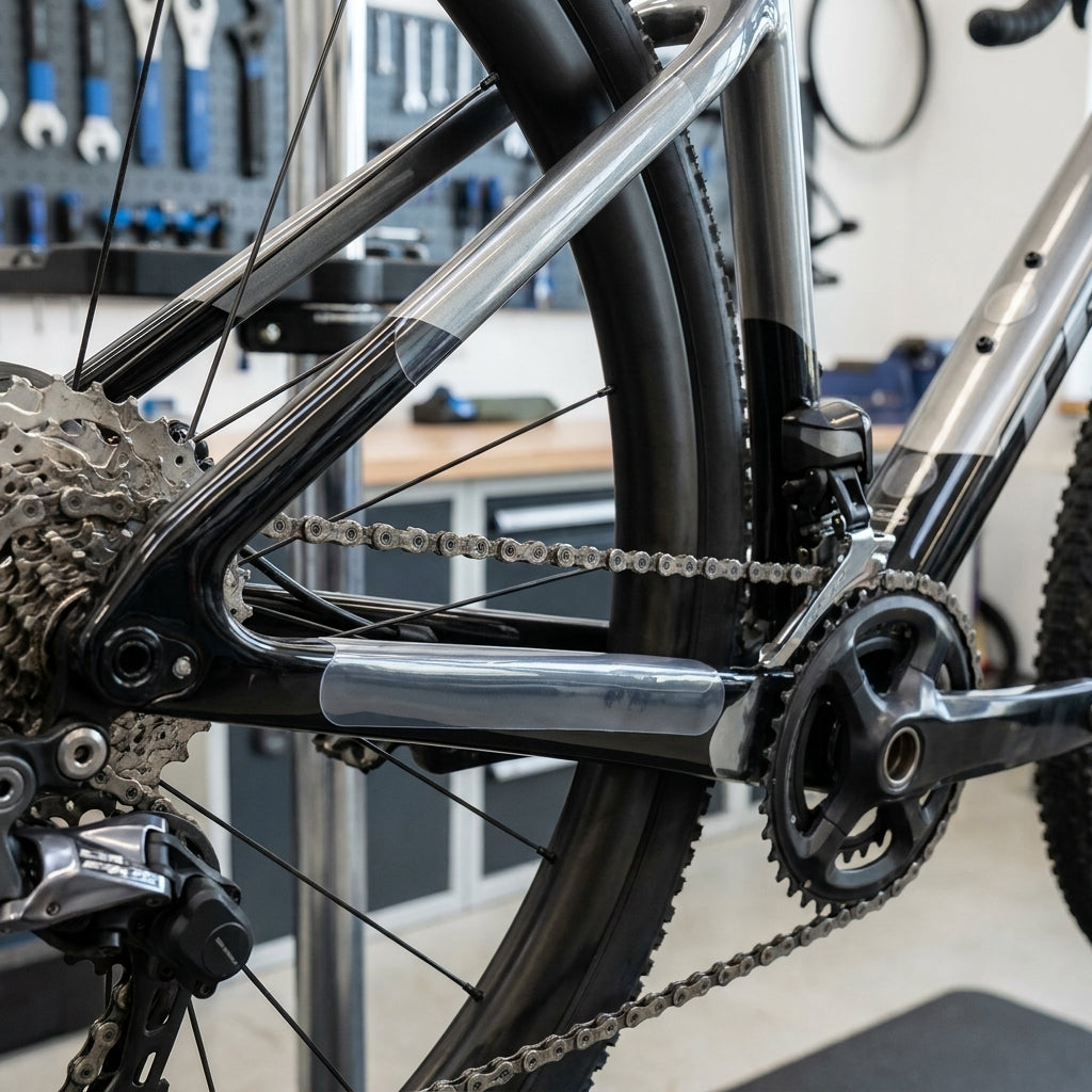 Procraft Kettenstreben- und Rahmenschutz transparent auf modernem Fahrradrahmen. Effektiver, unsichtbarer Lackschutz für Bikes.