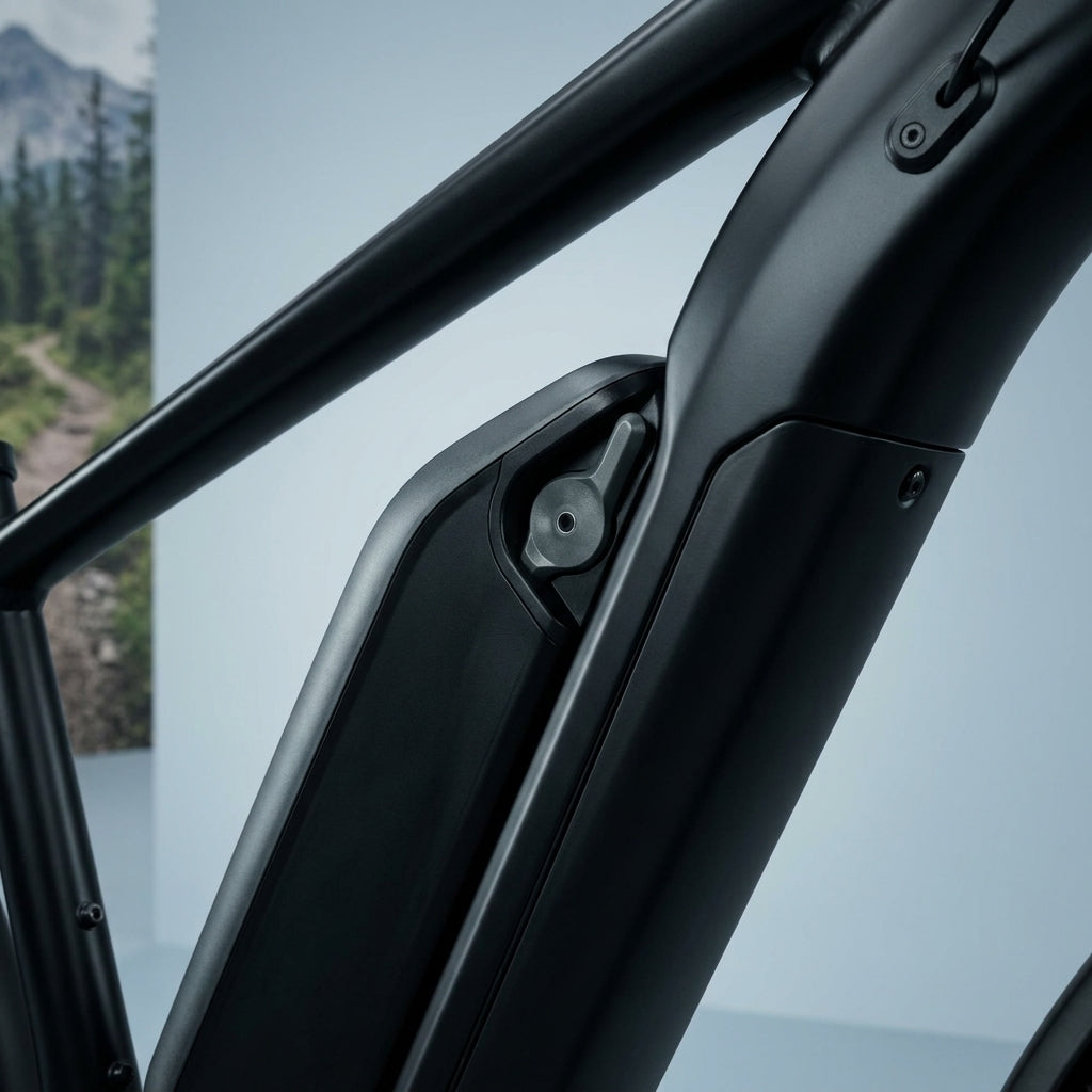 Centurion E-Bike: Schwarzer Drehverschluss für Bosch Intube Batterieabdeckung am Rahmen.