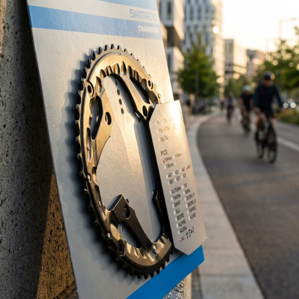 SHIMANO Kettenblatt FC-T521 48 Zähne für effizienten Antrieb an Trekking- und Citybikes, auf Verpackung.