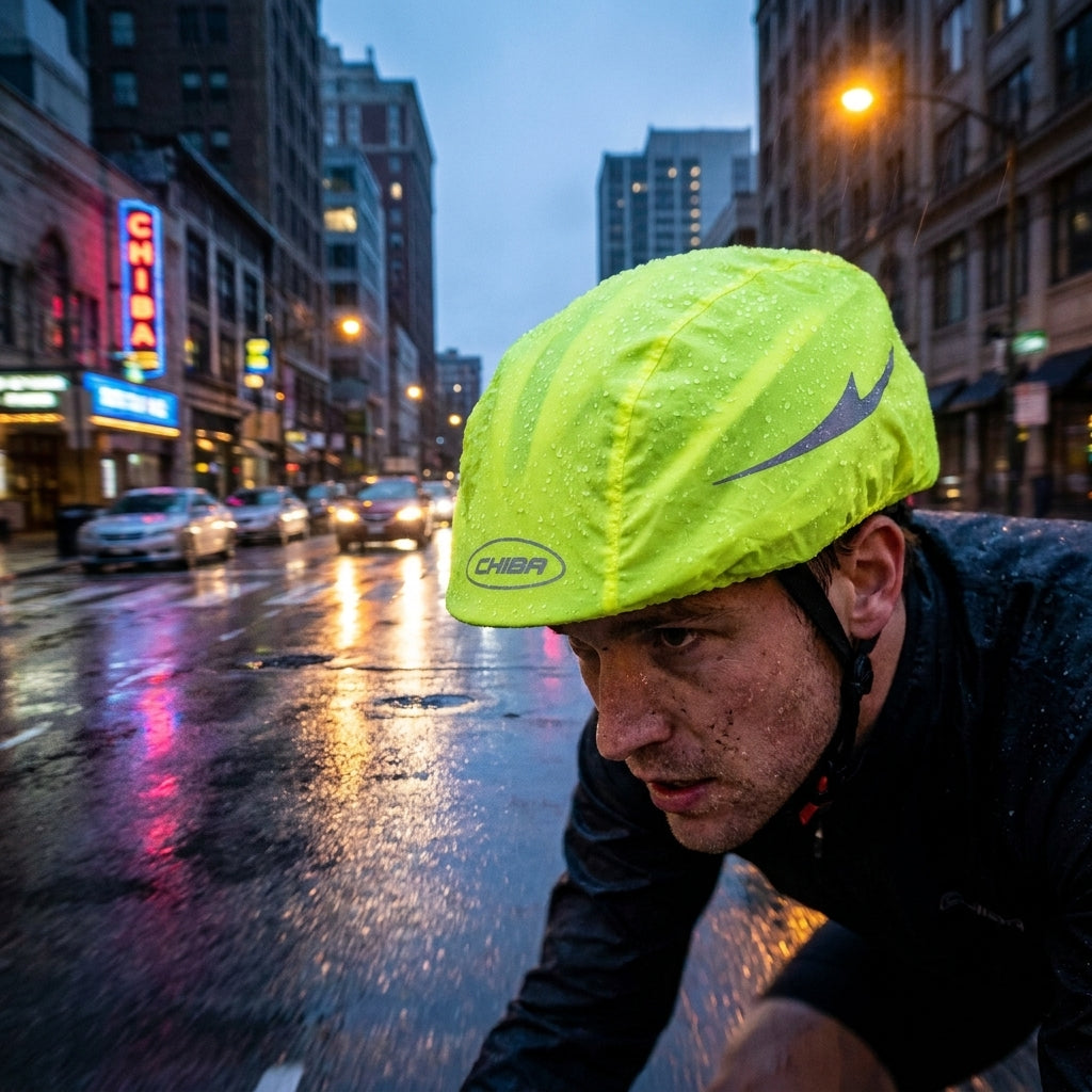 Radfahrer trägt neongelbe, wasserdichte, atmungsaktive CHIBA Helm-Regenhaube Pro im Regen auf Stadtstraße.