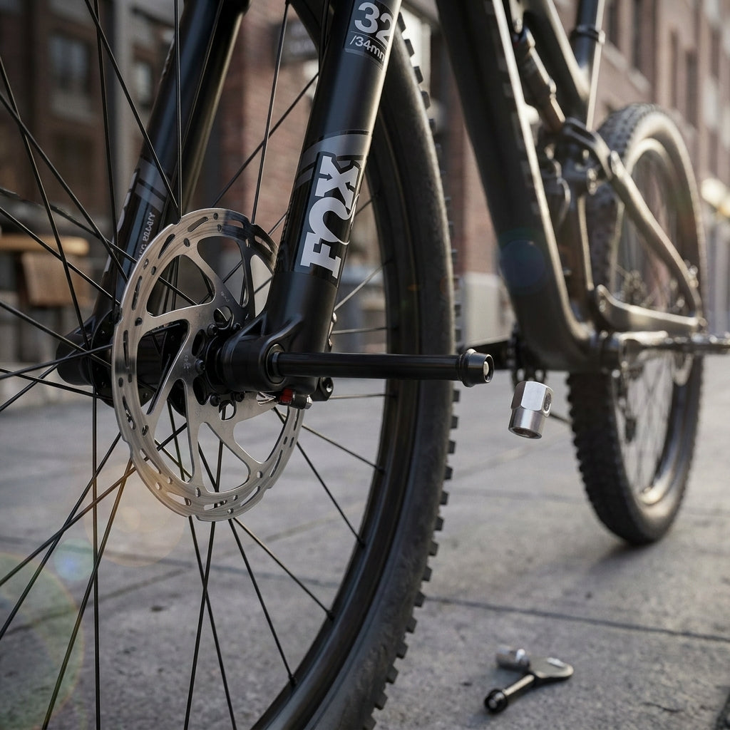 Pitlock Set 18 Fox 15mm Steckachse schwarz am Mountainbike-Vorderrad mit Schlüssel für Diebstahlschutz.