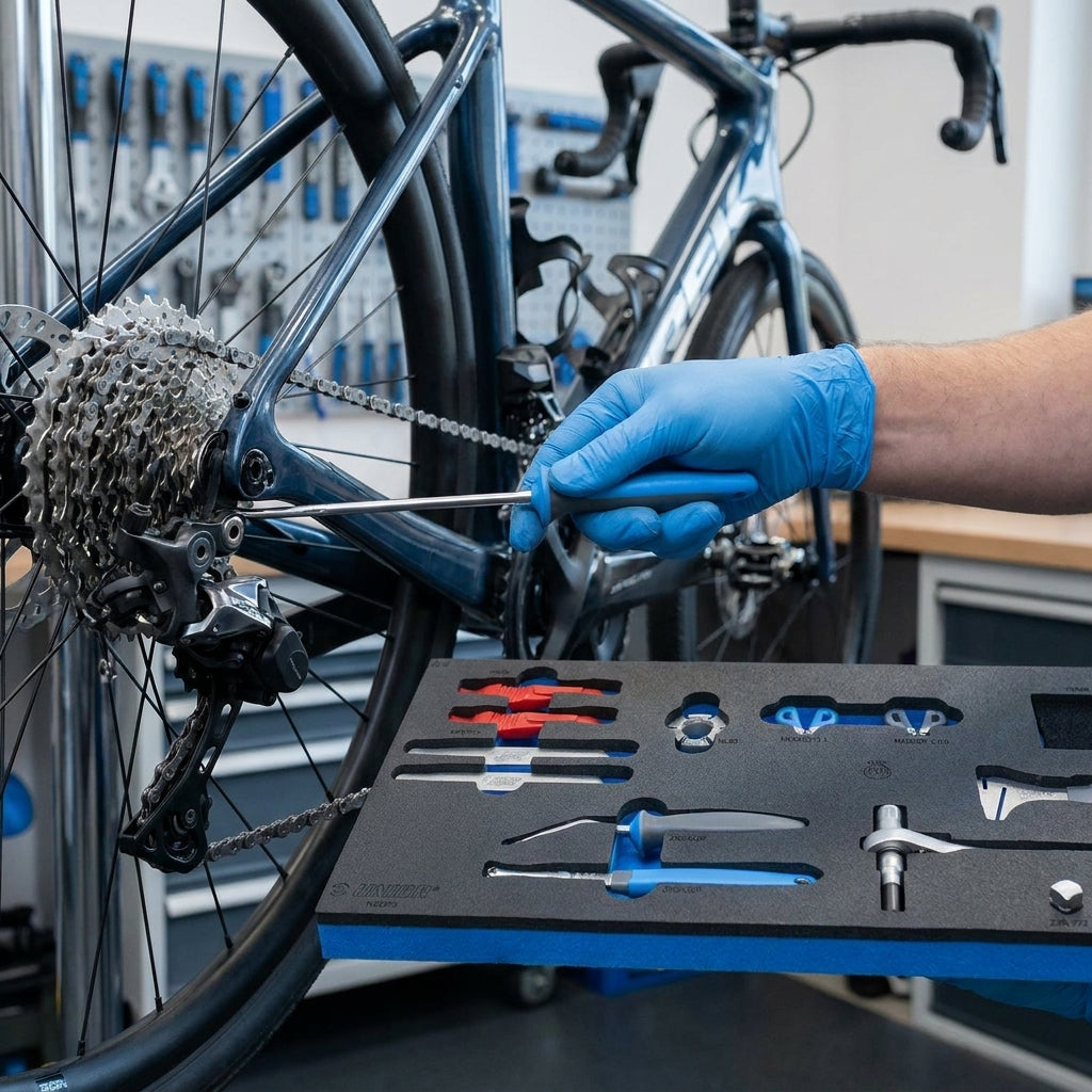 Unior SOS Modul Fahrradwerkzeug-Set 1600M4 2022 A blue SALE im Einsatz an einem Fahrrad.