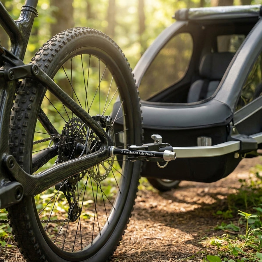 Robert Axle Project Steckachse Kid 213: Sichere Anhängeraufnahme für MTB mit Kindertrailer im Wald.