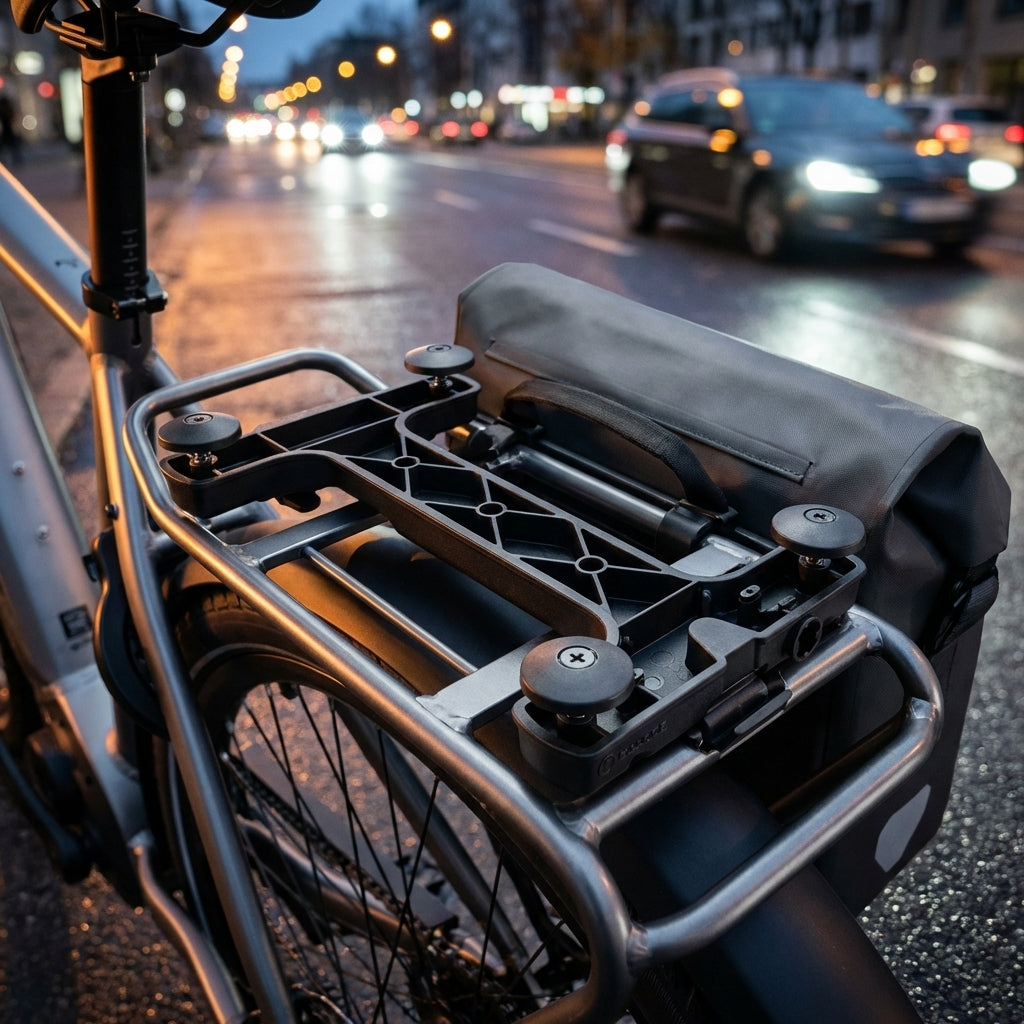 Racktime System Adapter Snapit 2.0 auf Fahrrad-Gepäckträger mit Tasche, urbaner Hintergrund, Nachtaufnahme.