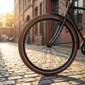 Schwalbe BIG BEN 28x2.00 50-622 SBC K-Guard Active Line Reifen in Braun an einem Fahrrad auf Kopfsteinpflaster.