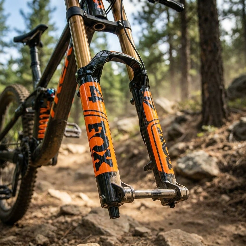 FOX Decal Kit 40 F-S: Glänzendes Orange, schwarzes Logo für FOX Federgabel. Stylisches Mountainbike Upgrade.