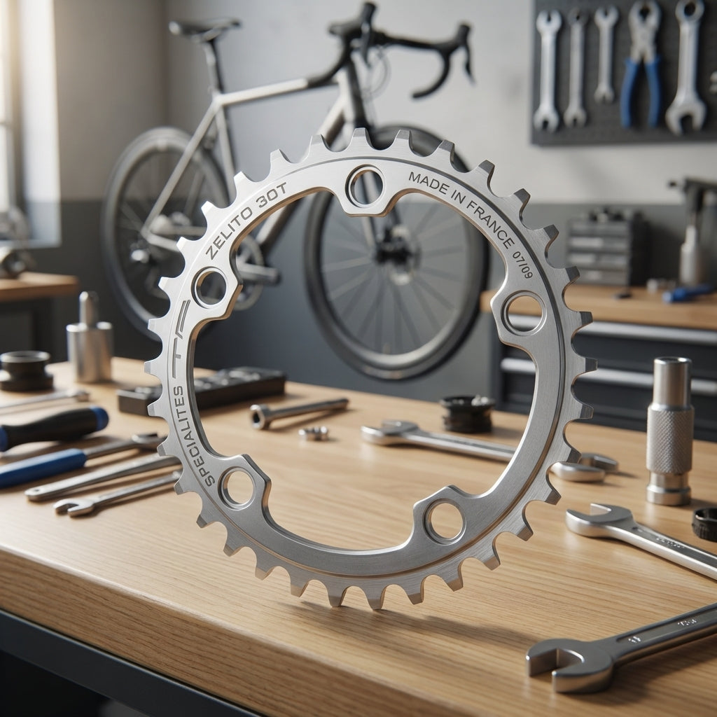 TA Kettenblatt Zelito 30Z silber auf Holz-Werkbank in Fahrradwerkstatt mit Fahrrad und Werkzeug.