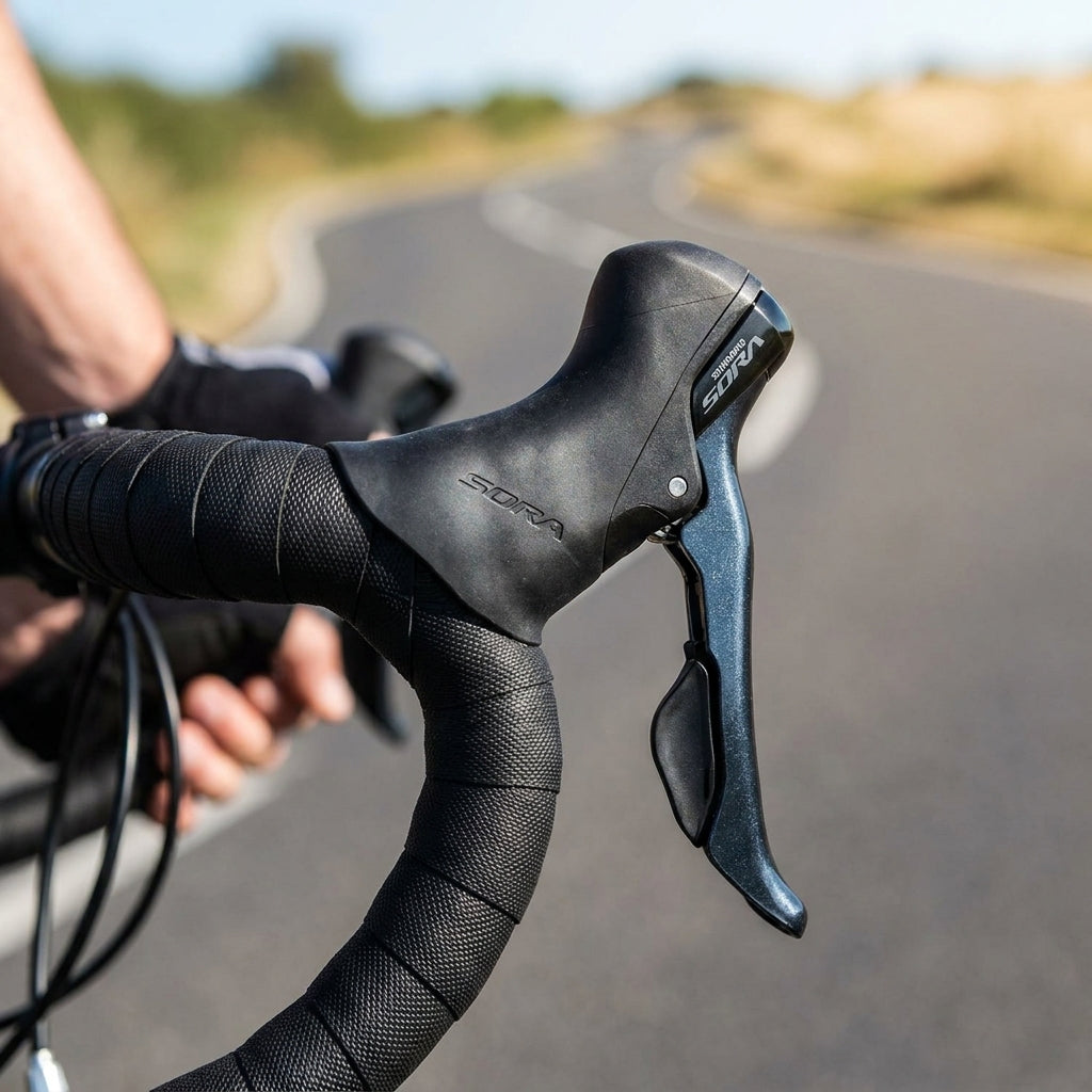 SHIMANO SORA BL-R3000 Rennrad Bremshebel rechts, schwarz, am Lenker, mit Straße im Hintergrund.