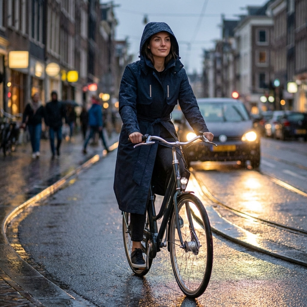 Frau trägt Basil Mosse Damen Regentrenchcoat nachtblau beim Radfahren im Regen auf nasser Straße in der Stadt.