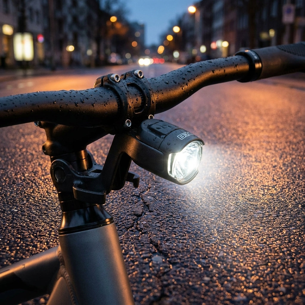 Schwarzer Busch & Müller Lampenhalter 471B/1PB am Fahrradlenker, Scheinwerfer leuchtet auf nasser Straße.