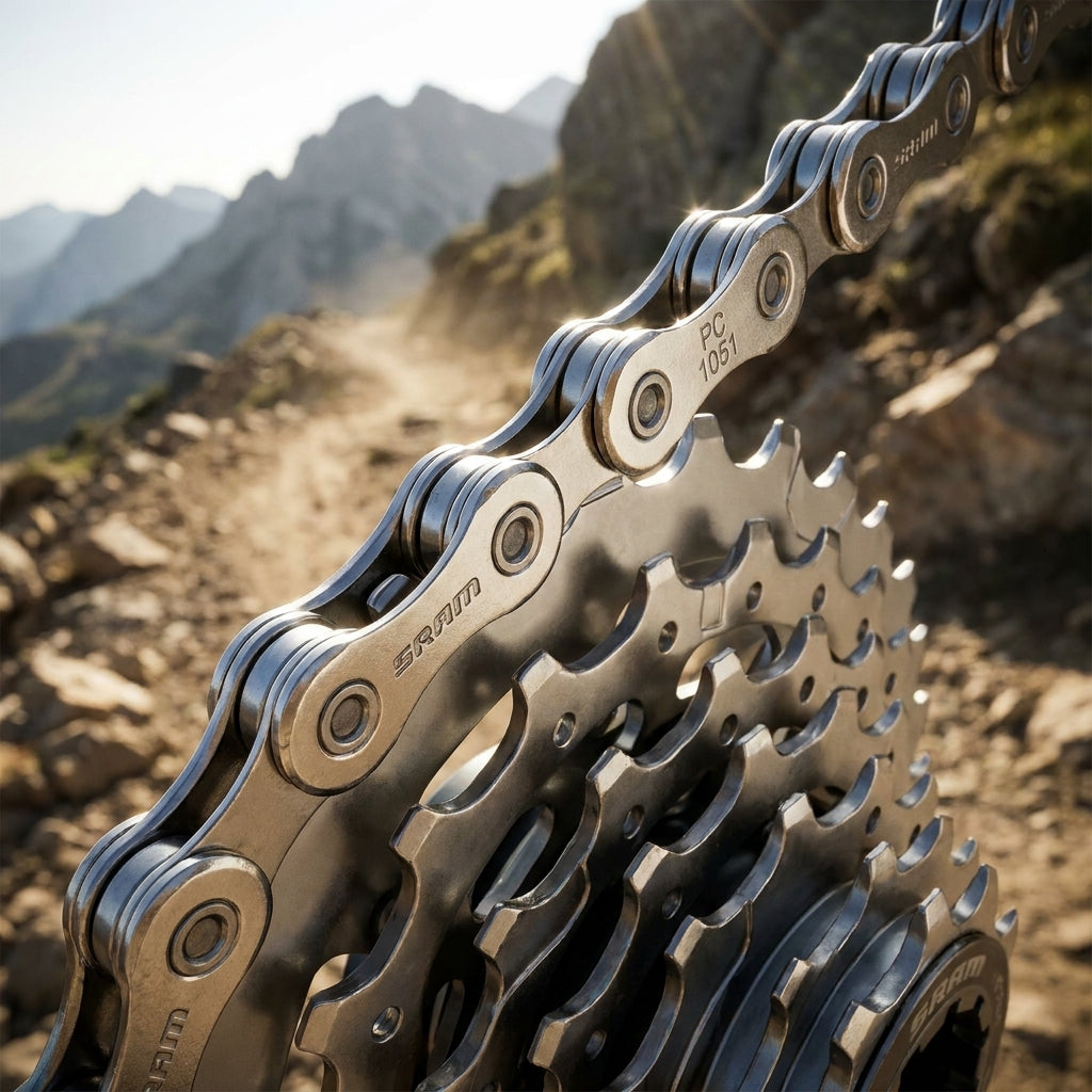 SRAM Power Chain PC-1051 10-fach Kette & Kassette, langlebig für Road & MTB, auf Gebirgspfad im Sonnenlicht.