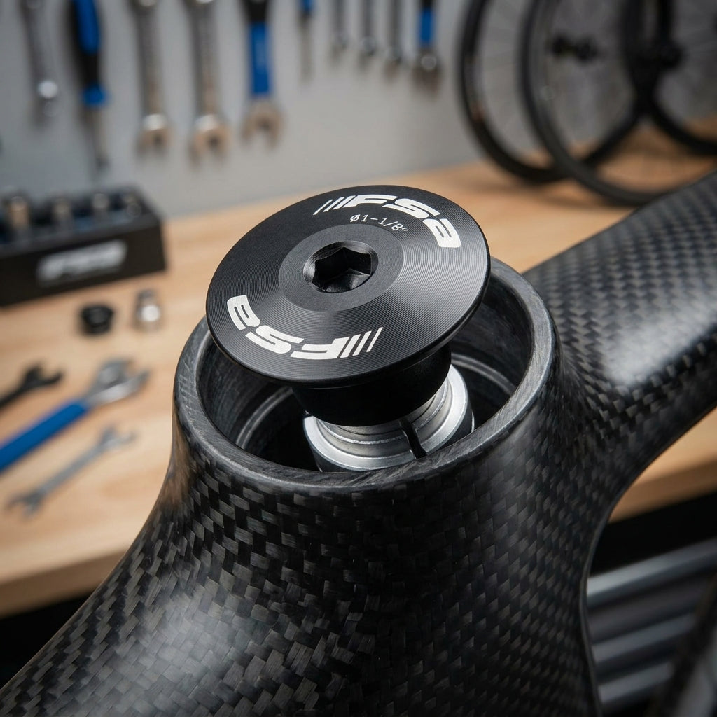 FSA Compressor Aheadkappe 1 1/8 Zoll schwarz auf Carbon-Fahrradrahmen.