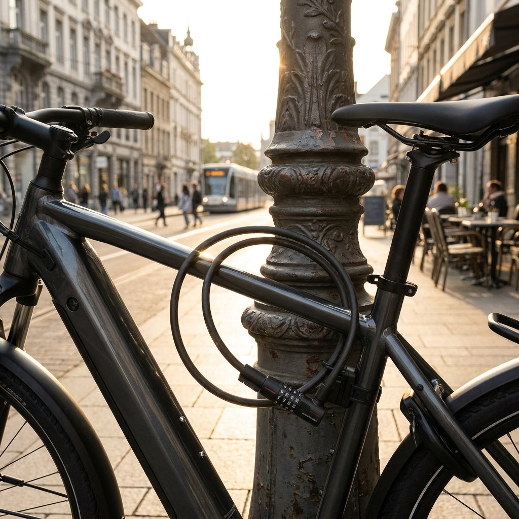 Trelock Zahlenkabelschloss 110 cm D 12 mm sichert schwarzes Fahrrad an Laterne in Stadt.