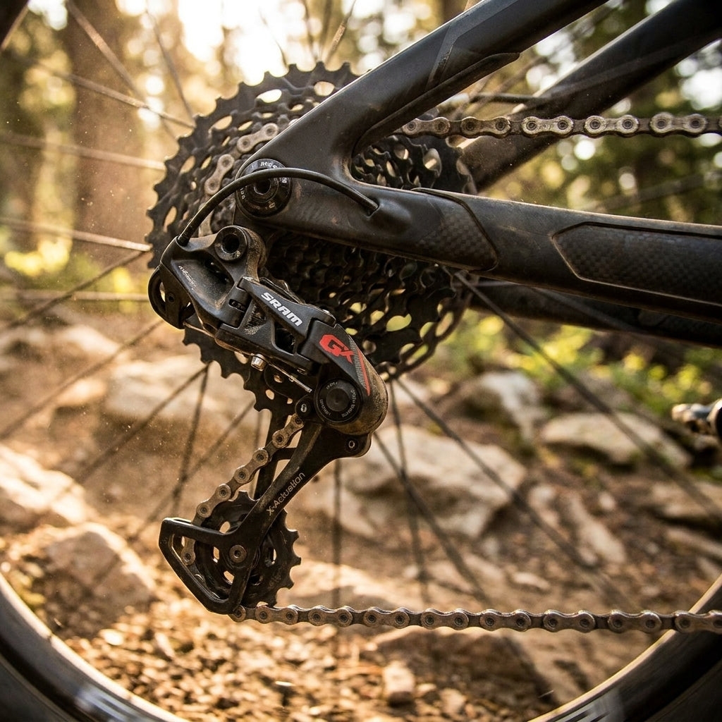 SRAM GX 2x11 Schaltwerk lang schwarz-rot für präzise MTB-Schaltperformance, am Mountainbike auf Trail.