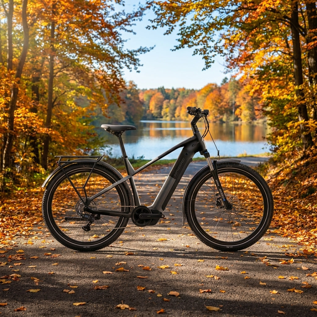 Haibike TREKKING 3 HIGH E-Bike in Silber auf einem Herbstweg mit bunten Bäumen und See.