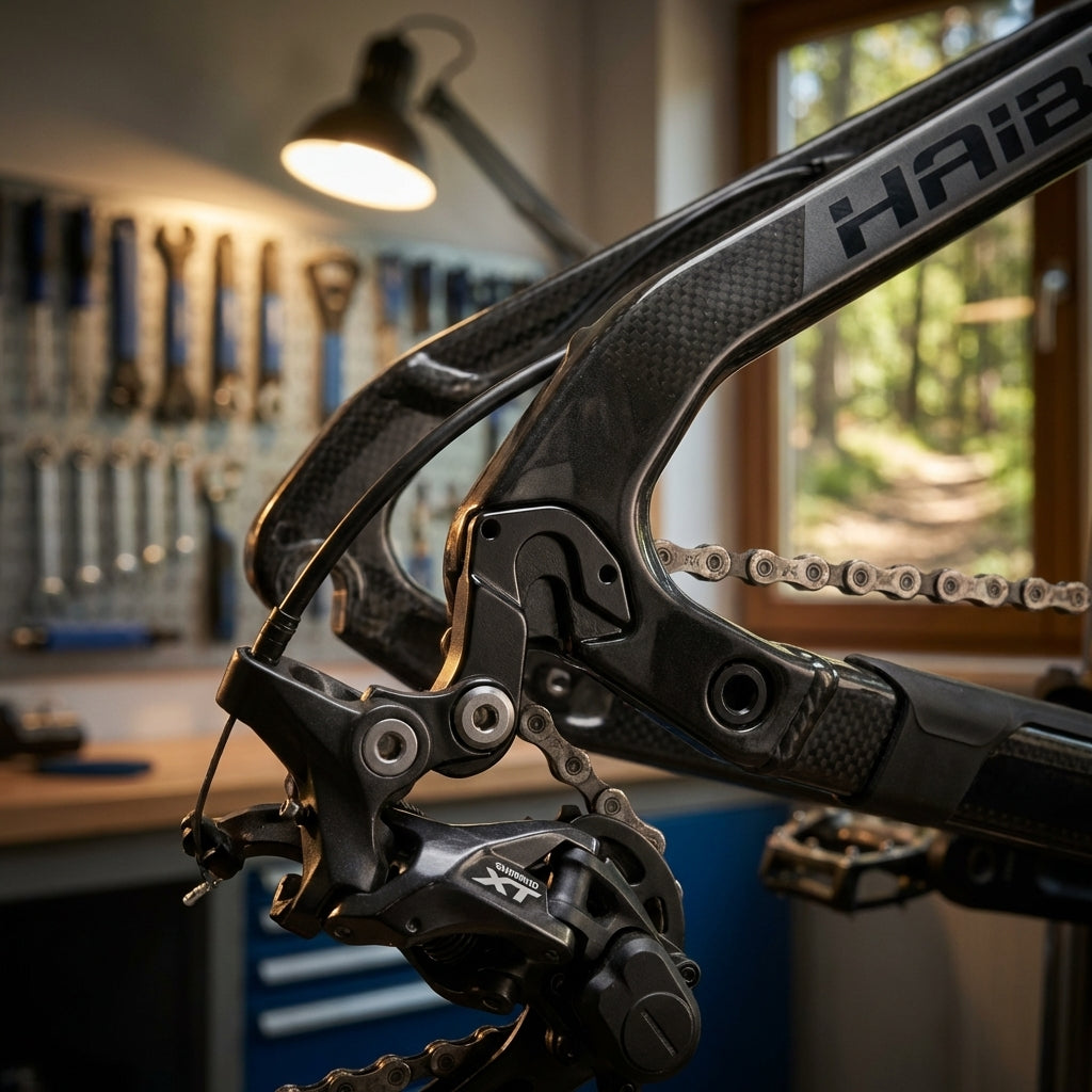 XLC Schaltauge DO-A100 für Haibike XDURO/SDURO/SEET am Fahrradheck mit Shimano XT Schaltwerk.