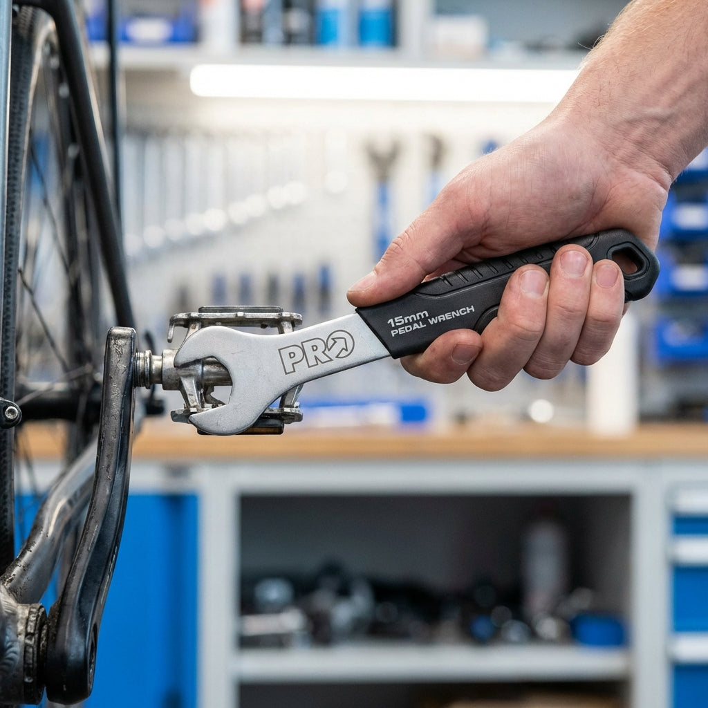 PRO Pedalschlüssel 15 mm: Ergonomisches Fahrradwerkzeug für sicheren und komfortablen Pedalwechsel. Robust und präzise.