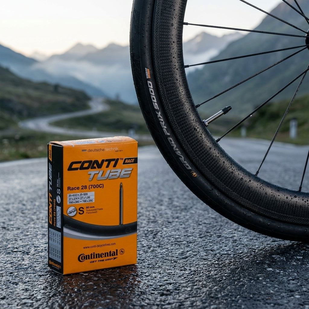 Continental Rennradschlauch Race 28" 700x20C-25C, 80mm Sclaverandventil, neben Rennrad auf nasser Bergstraße.