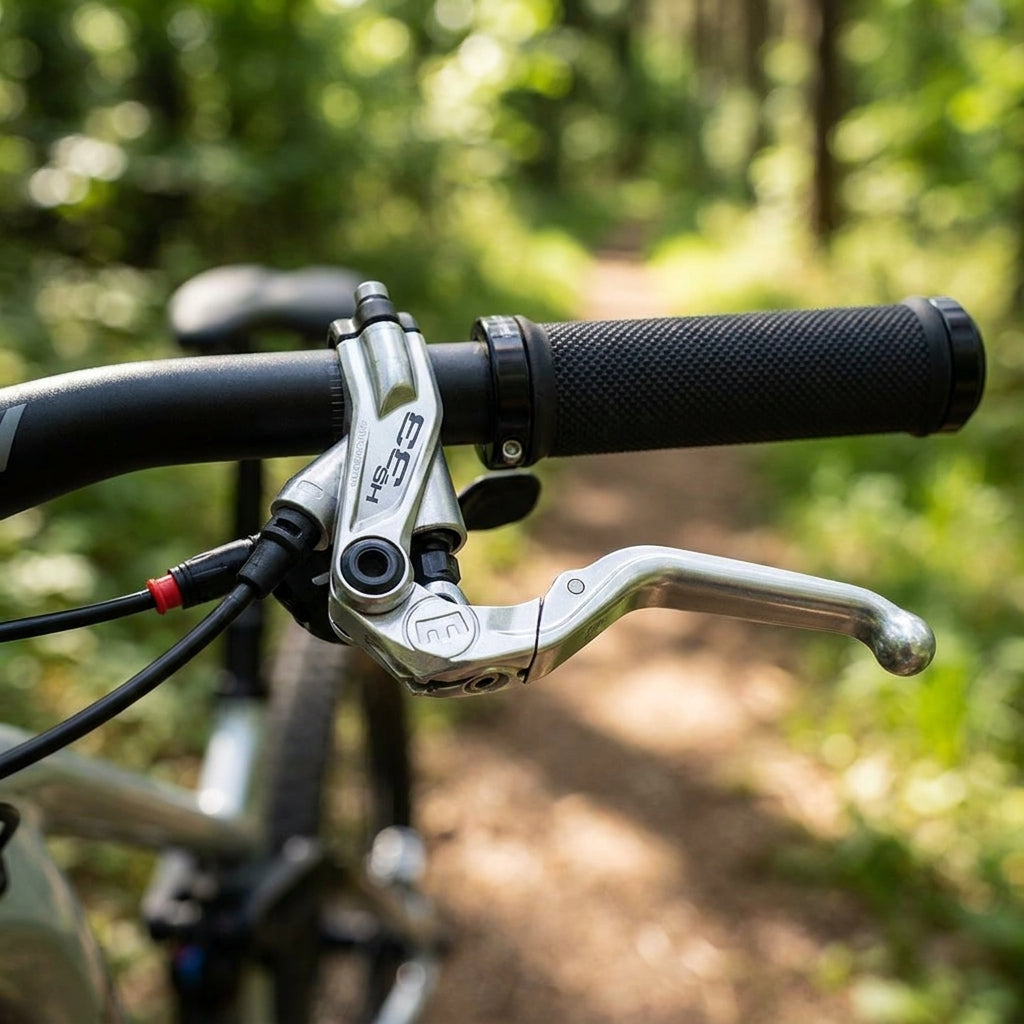 Silberner MAGURA HS33e Bremsgriff mit 4-Finger Aluminium-Hebel am Fahrrad-Lenker auf einem Waldweg.
