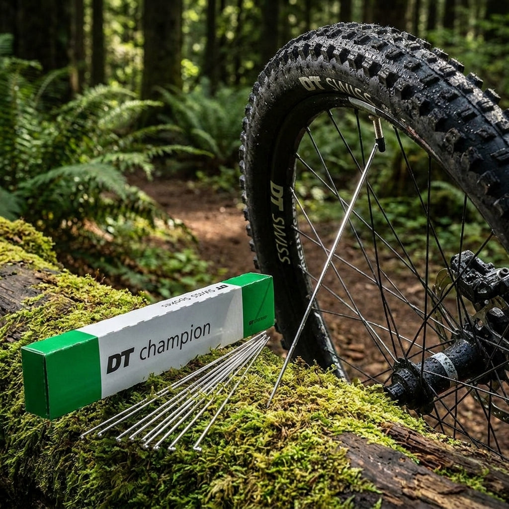 Robuste DT Swiss Champion Speichen silber in Box und lose auf Moos vor MTB-Rad im Wald.