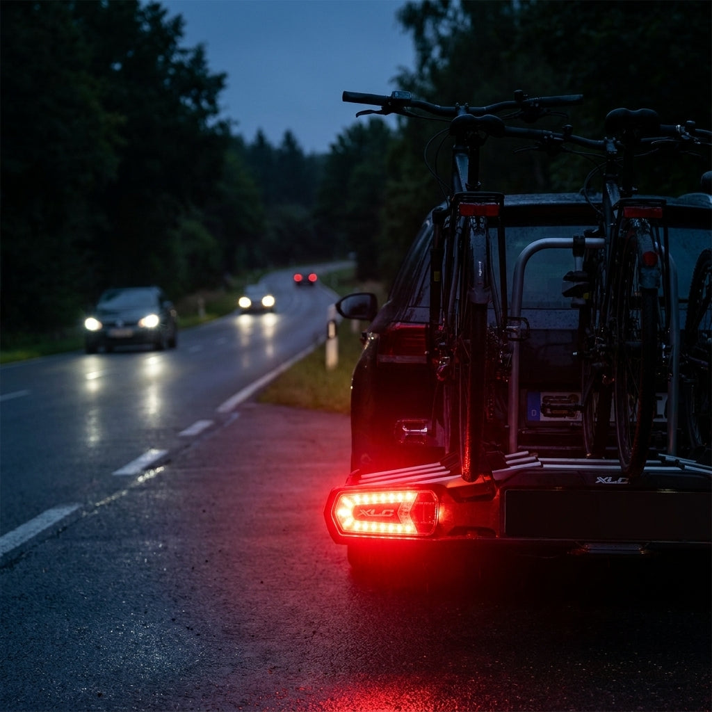 XLC LED Beleuchtung links CC-X19 am XLC Azura/Almada Fahrradträger bei Nacht, sorgt für Sichtbarkeit und Sicherheit.