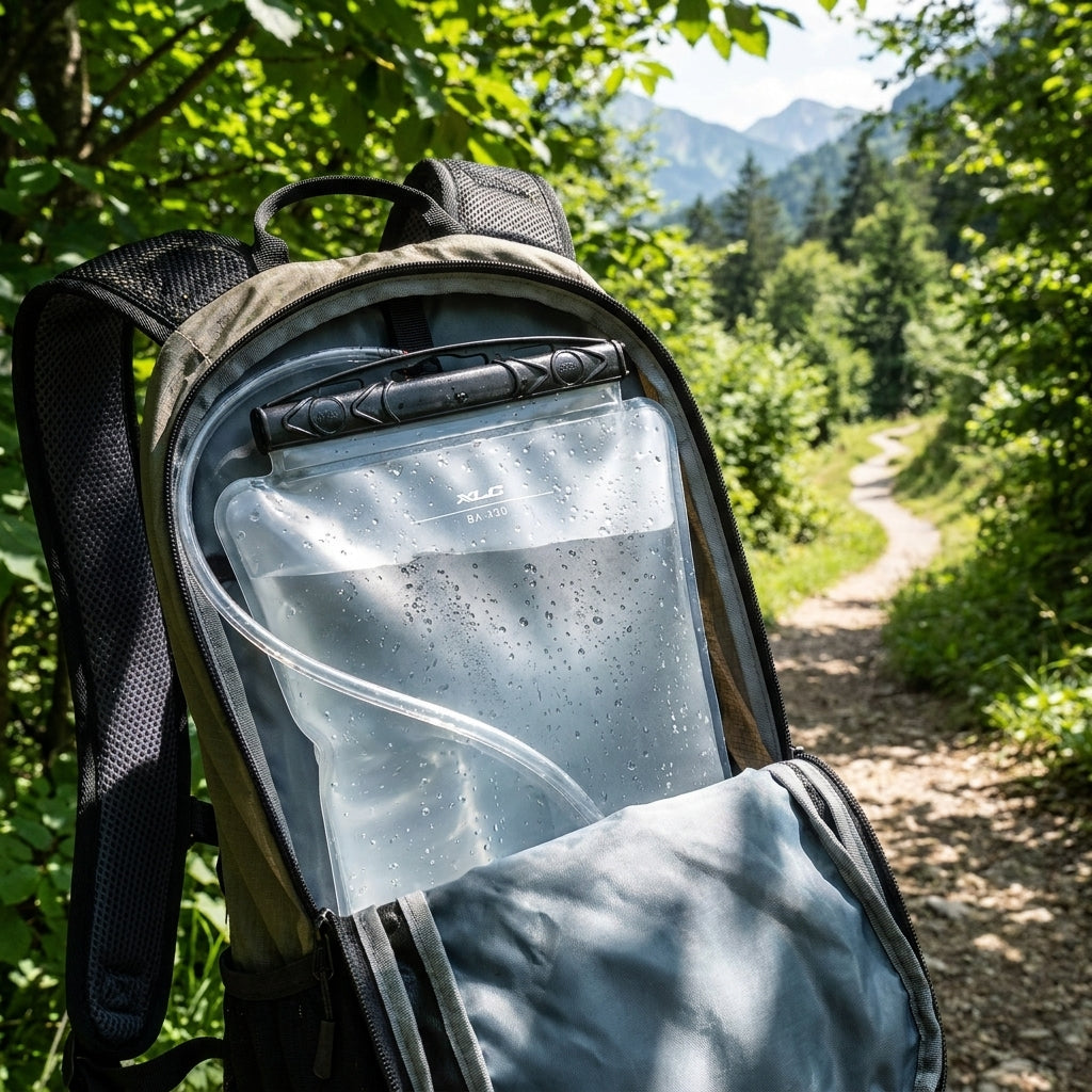 XLC Fahrrad-Trinkblase BA-X30 transparent mit Wasser im Rucksack auf einem Waldweg.
