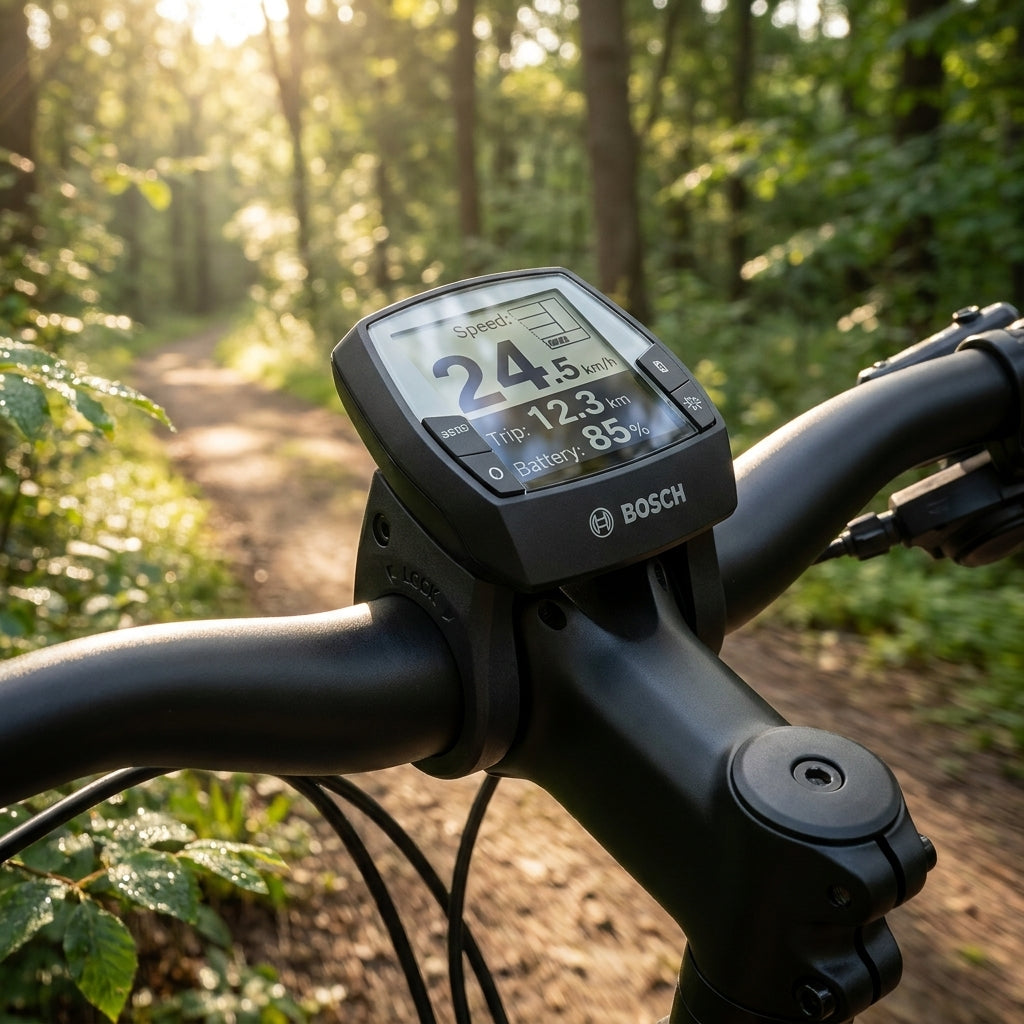 Bosch Halter Intuvia 100, 25,4 mm am Fahrradlenker auf Waldweg. Display zeigt 24.5 km/h und 85% Akku.