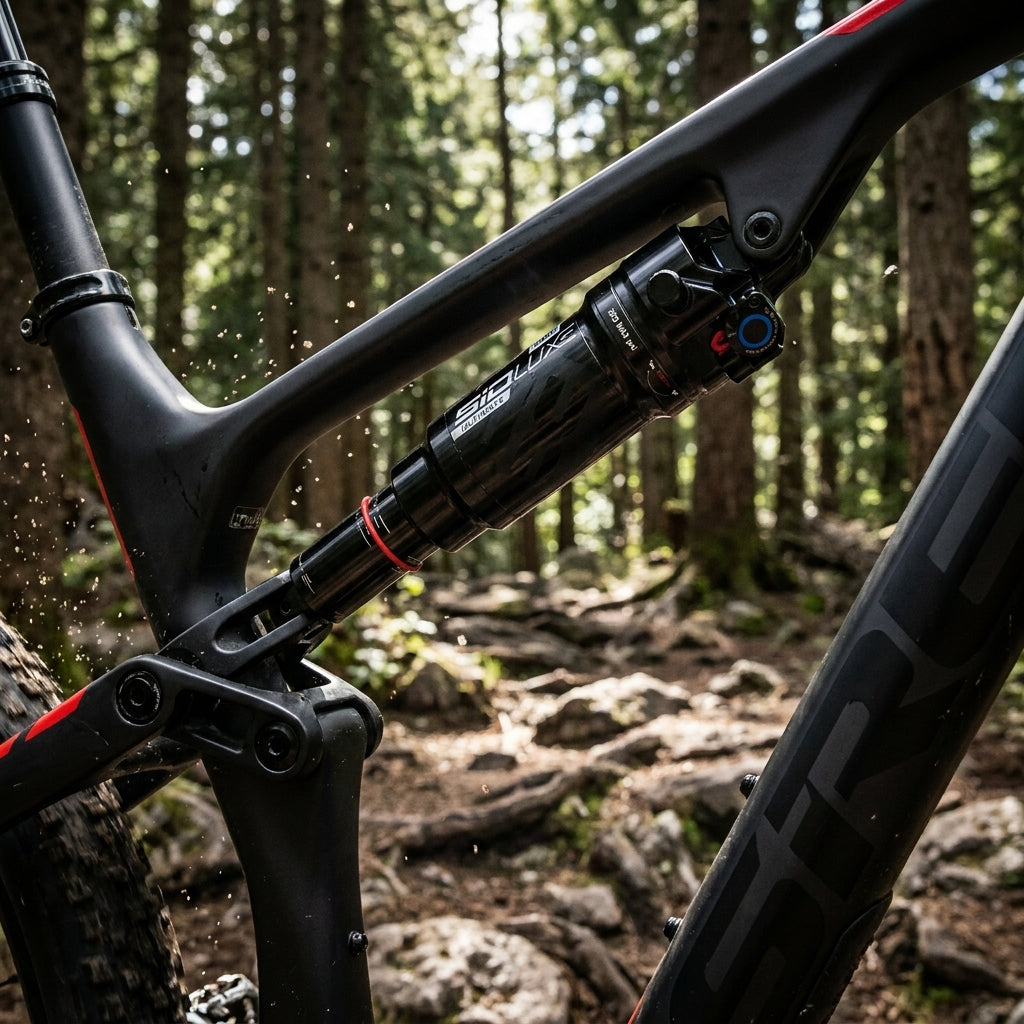 Rockshox SIDLuxe Ultimate Remote Dämpfer A2 schwarz am Fullsuspension Mountainbike. Detailaufnahme im Wald.