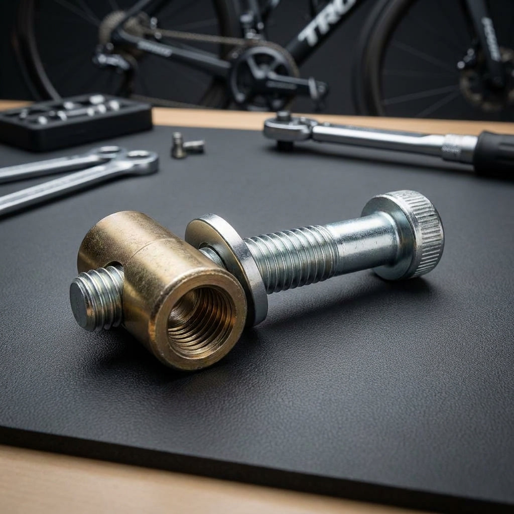 Thomson Schraube für Sattelstütze mit Scheibe und Mutter, vor Fahrrad und Werkzeug auf schwarzer Platte.