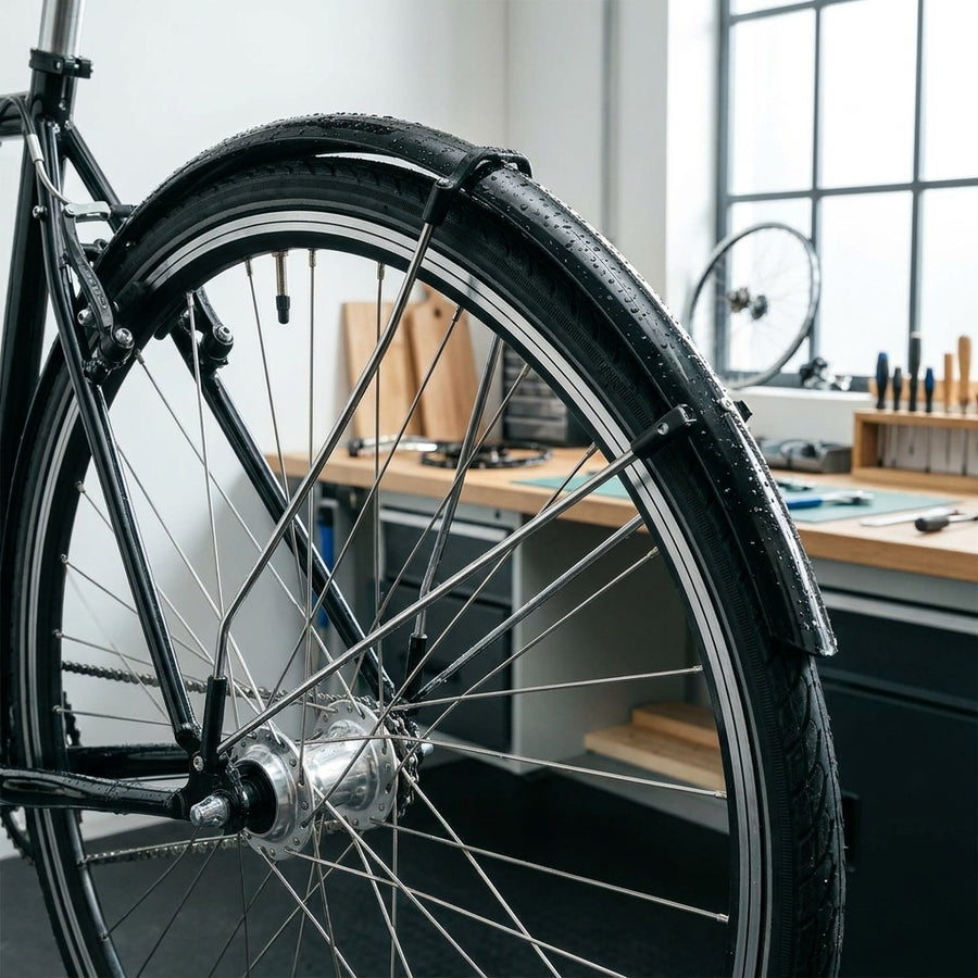 SKS Bluemels Primus Strebenset am Schutzblech eines nassen Fahrrad-Hinterrads in Werkstatt.