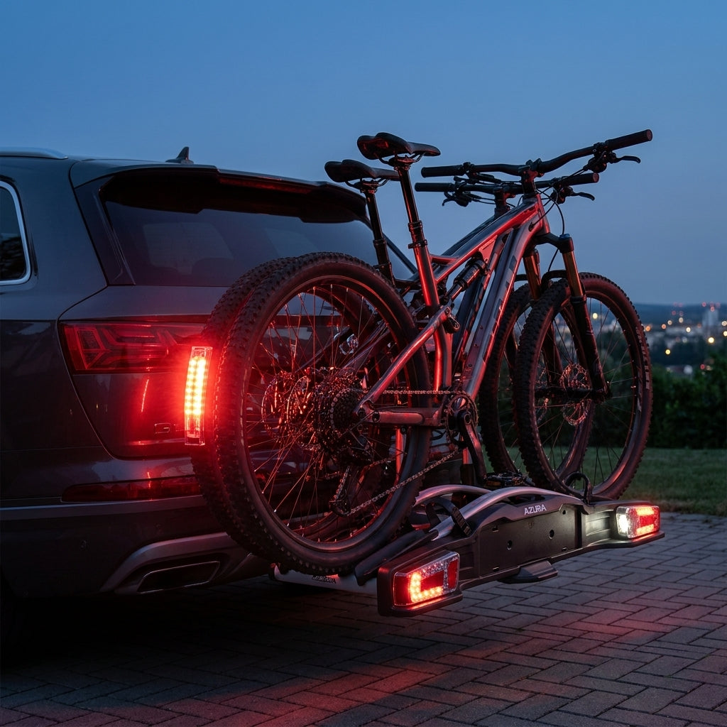 XLC LED Beleuchtung links CC-X19 am XLC Azura Fahrradträger mit Mountainbikes am SUV bei Nacht.
