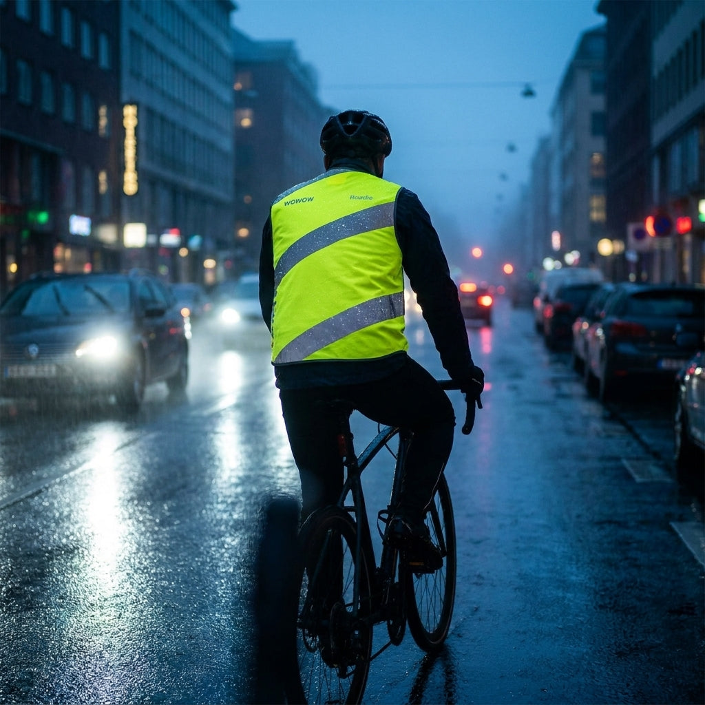 Wowow Roadie gelbe Sicherheitsweste mit Reflexstreifen, getragen von Radfahrer bei Nacht im Regen in der Stadt.