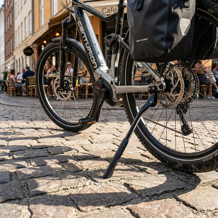 Centurion Hinterbauständer Edge 17mm schwarz an E-Bike, Parkstütze für E-Fullies auf Kopfsteinpflaster.