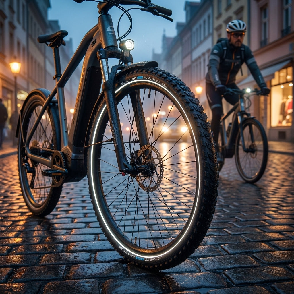 Nahaufnahme Schwalbe Marathon 365 Reflex Drahtreifen auf E-Bike auf nassem Kopfsteinpflaster in der Stadt nachts.