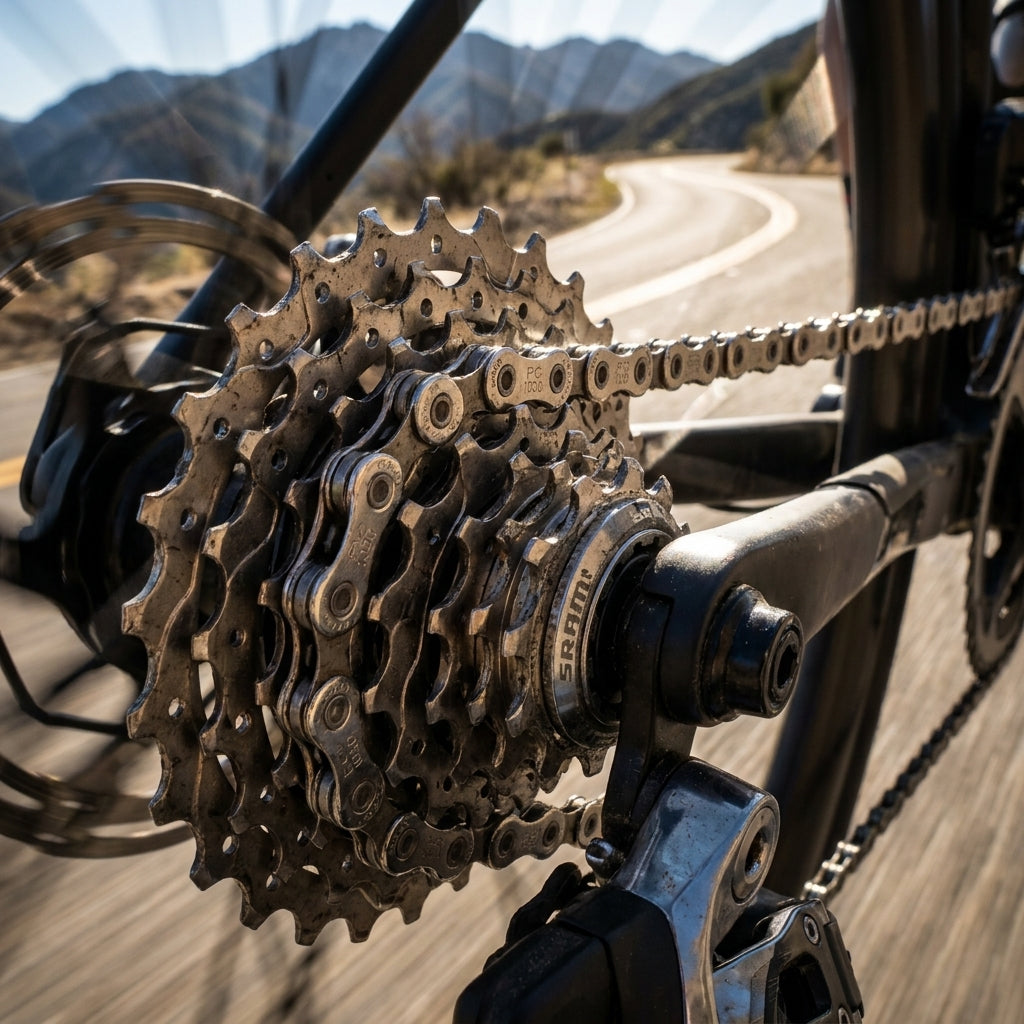 SRAM Power Chain 1031 10-fach Kette mit PowerLock und verchromten Nietpins auf Fahrrad Kassette.